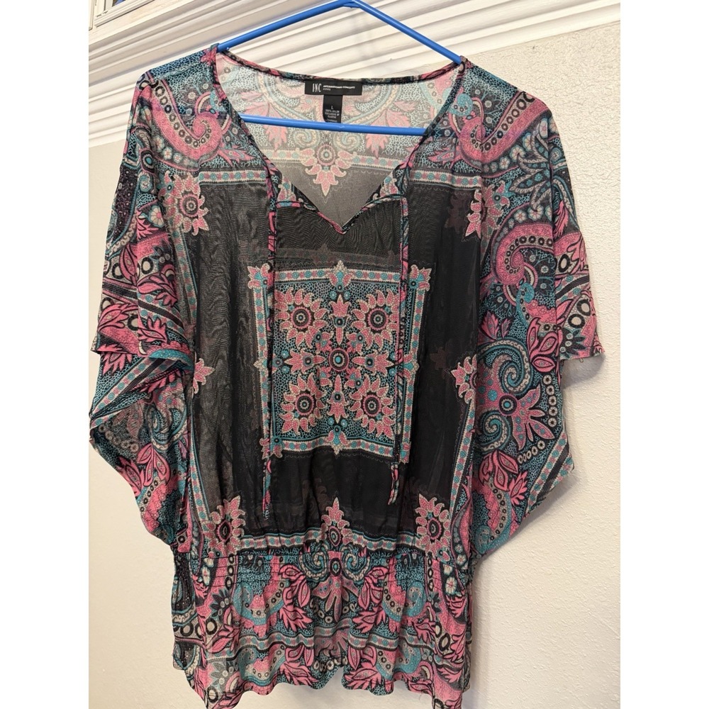 Inc International Sheer Floral Blouse petite L Short Sleeve Tie Front Boho Y2K